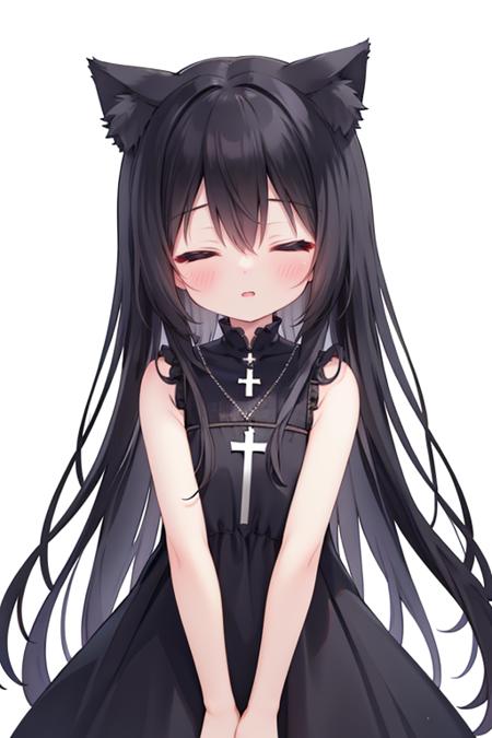 noir, xingbailieche, 1girl, solo, cross, animal_ears, black_hair, long_hair, sleeveless, parted_lips, cross_necklace, bangs, white_background, dress, black_dress, closed_eyes, sleeveless_dress, simple_background, blush, jewelry, hair_between_eyes, cat_ears, animal_ear_fluff, facing_viewer, upper_body, >_<  <lora:super-xingbai-v1:1>