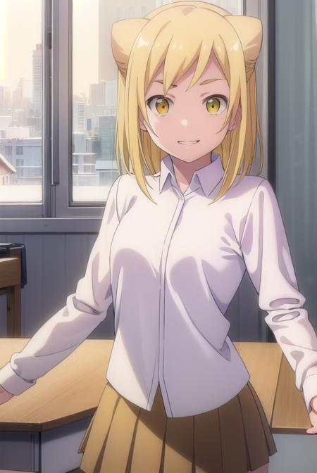 hikaritakanashi, <lora:hikari takanashi s1-lora-nochekaiser:1>,
hikari takanashi, medium hair, blonde hair, (yellow eyes:1.5), fang, hair bun, double bun, cone hair bun, smile, grin,
BREAK skirt, shirt, school uniform, white shirt, pleated skirt, brown skirt,
BREAK indoors, classroom,
BREAK looking at viewer, (cowboy shot:1.5),
BREAK <lyco:GoodHands-beta2:1>, (masterpiece:1.2), best quality, high resolution, unity 8k wallpaper, (illustration:0.8), (beautiful detailed eyes:1.6), extremely detailed face, perfect lighting, extremely detailed CG, (perfect hands, perfect anatomy),