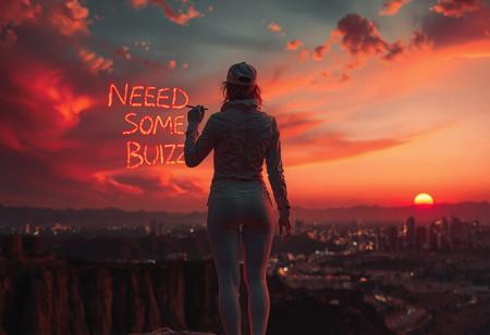golden rule, perfect quality, 16k, very detailed, highly detailed, realistic, photorealistic, ultra sharp, scineastic, , colorfull, in a desert, warm red early morning, hot, detailed soft glowing clouds. dim red sun, city lights and high buildings in the far background, dark shadows, strong shadows, dramatic lighting, dark theme, dark, rimlight, highly detailed, close backshot, low angle, woman, slim, adletic, slender, standing on a cliff, (writing "NEED SOME BUZZ" on the sky, glowing, red, ), back to the camera, short red glowing hair, thight white jacket, white cap, tight white leggings, white sneakers, white tight gloves, slim body, tight ass, tight legs,