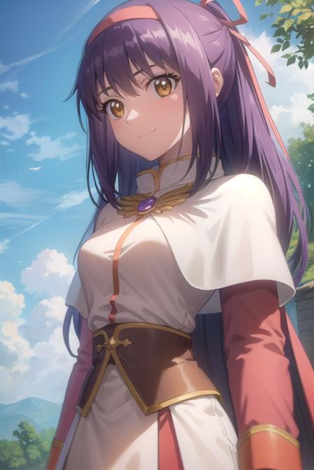 ragnarok yufa, long hair, ribbon, hair ribbon, ponytail, purple hair, hairband, sidelocks, (brown eyes:1.5) long sleeves, capelet, white capelet, gloves, white gloves, dress, red dress, skirt, white skirt,