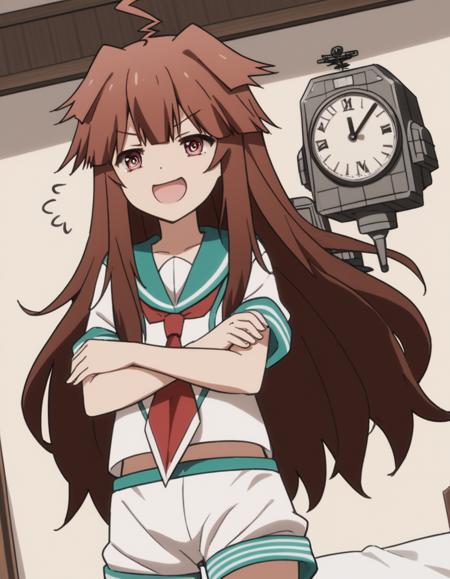 kuma, long hair, brown hair, brown eyes, ahoge, kuma (kancolle) school uniform, shorts, serafuku,