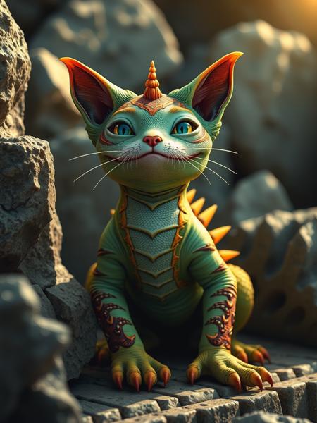 Fantastic creature, cute realistic chimera half-cat half-lizard, The cat's body and head are covered with lizard scales. Realistic professional photo of creature in the rocks. Dreamy enchanting atmosphere of ancient myths and fairy tales. Creature basks in the rays of the sun, pricking up its mustache