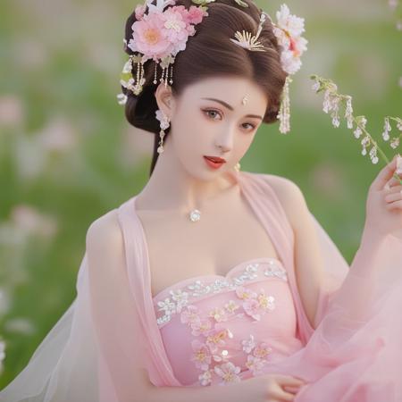 a girl dressed in a pink dress standing in a flowery field,  1girl, solo, hair ornament, jewelry, teeth, hair flower, realistic, looking at viewer, brown hair, upper body, earrings, dress, chinese clothes, black hair, parted lips, necklace, earrings, clear background
