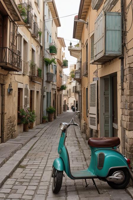 a cartoon of Matt Bors, an old bakery building with a motor scooter in front of it, in the style of romantic charm, mediterranean-inspired, villagecore, sacricore, romantic atmosphere, absinthe culture, antique influences