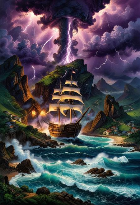 Oil pastel landscape scene where sea waterspout storm with lightning is the focal point. The storm dominates the skyscape while in the foreground a tall pirate sailboat in a steep mountain pass. ((Highest quality: 1.0), (High resolution: 1.0), (masterpiece: 1.0), beautiful and aesthetic: 1.3), extremely detailed, colorful, very detailed, ((ultra-detailed)), (highly detailed CG illustration), ((Dark and purple hues, shadow, mysterious,)),