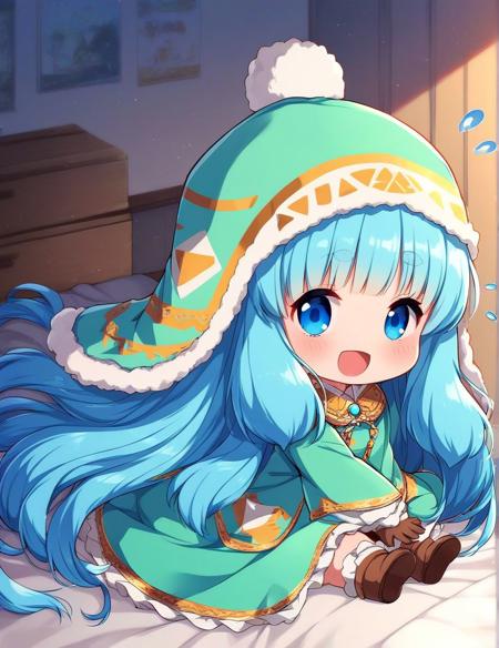 runemaster, long hair, blue eyes, flat chest, bangs, very long hair, aqua hair, thick eyebrows, blue hair, chibi,