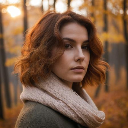orange autum blossom in her hair, skin roughness, (closeup:2), (warm friendly looks), (taking a walk), ((arched eyebrows)), striking face, ((prominent nose)), (portrait:2),26 year old woman, wavy auburn bob ,natural skin, looking away, full lips, brown eyes,, (soft warm light), forest, (((fog))), , autumn,  (cinematic, film grain:1.1, bokeh), open cozy beige pullover, beige scarf, sunset,