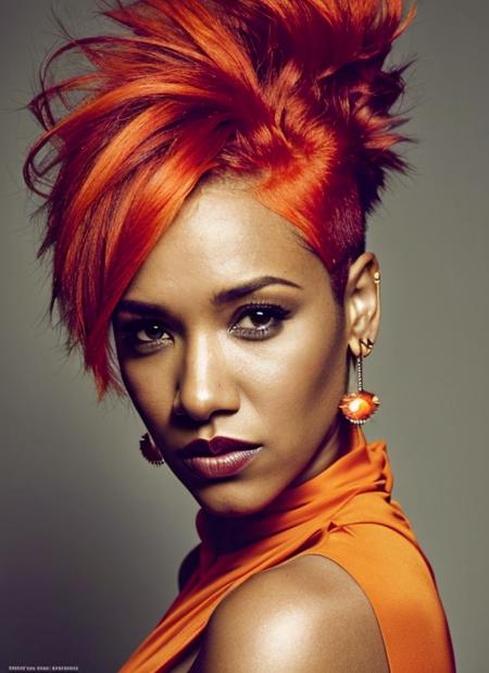 portrait of sks woman by Flora Borsi, style by Flora Borsi, bold, bright colours, orange Mohawk haircut, ((Flora Borsi)), <lora:locon_candicepatton_v1_from_v1_64_32:1.25>