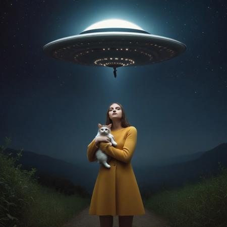1girl, (album cover art, jazz:1.4), UFO, surrealism, girl holding cat, abduction, 
masterpiece,best quality,very aesthetic, absurdres, newest,