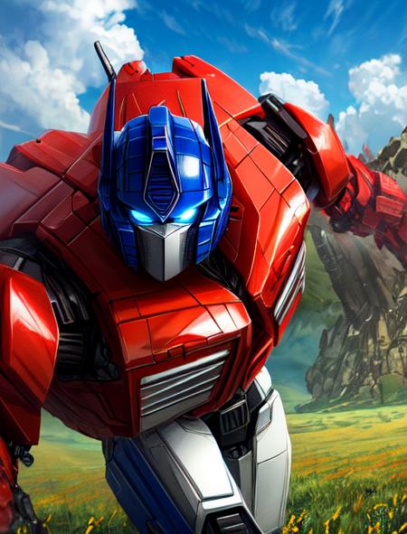 best quality, masterpiece, highres, detailed, digital artwork, <lora:Detail - add_detail:0.2>, OptimusPrime, blue eyes, robot, red body, blue head, glowing eyes, sky, grasslands, dancing,  <lora:Character - OptimusPrime:0.8>