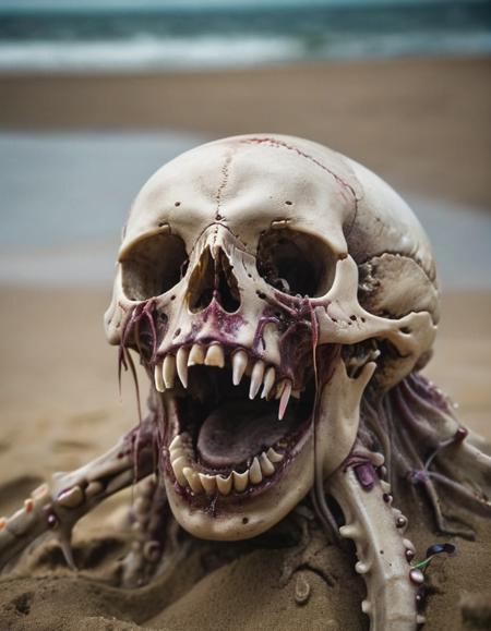 a skull, in the deep of sea, tentacles inside the skull, opened mouth, screaming, corrupted, cracks on skull, cinematic photography, standing on sand on deep of see, tentacles inside the eyes, depth of field,