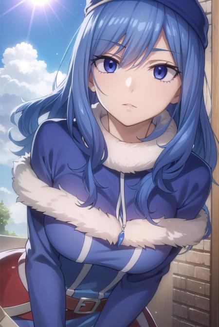 juvialockser, <lora:juvia lockser s7-lora-nochekaiser:1>,
juvia lockser, long hair, blue eyes, blue hair, wavy hair, hair between eyes,
BREAK hat, dress, belt, fur trim, fur hat, capelet, blue dress, long sleeves,
BREAK outdoors, nature, forest, sky, clouds, sun,
BREAK looking at viewer, (cowboy shot:1.5),
BREAK <lyco:GoodHands-beta2:1>, (masterpiece:1.2), best quality, high resolution, unity 8k wallpaper, (illustration:0.8), (beautiful detailed eyes:1.6), extremely detailed face, perfect lighting, extremely detailed CG, (perfect hands, perfect anatomy),