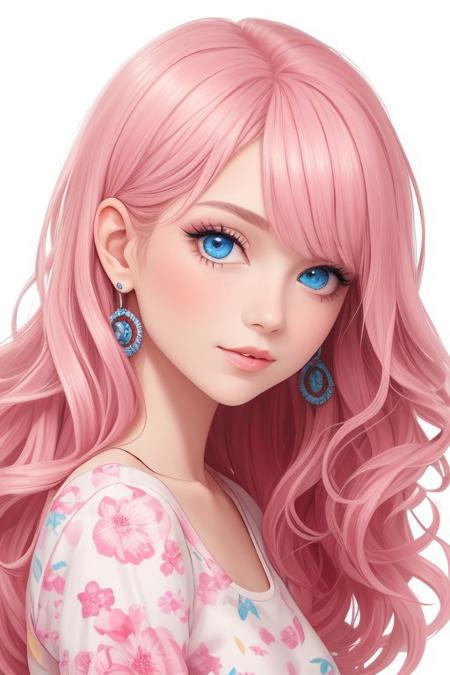 The image shows a girl with blue eyes, bangs, and closed lips. Her long, wavy hair is styled in loose waves, framing her face. She wears earrings and has pink hair that adds a touch of color to her look.
The girl's makeup is subtle, with a hint of pink on her lips. Her shirt is floral-print, adding a pop of color to her outfit.
The image is a portrait, and the background is white, providing a simple yet elegant backdrop for the girl's features.