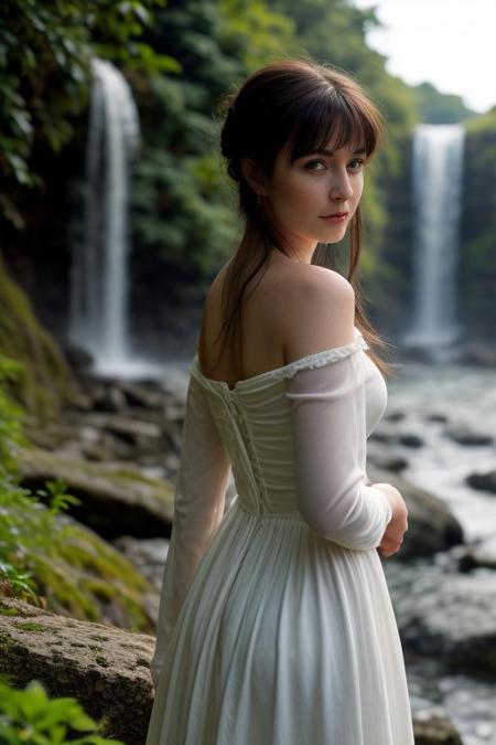 wild untamed nature scenario with a waterfall in the background, photorealistic, perfect face, beautiful woman inspired by singer Enya, medieval long historical white gown, view from behind