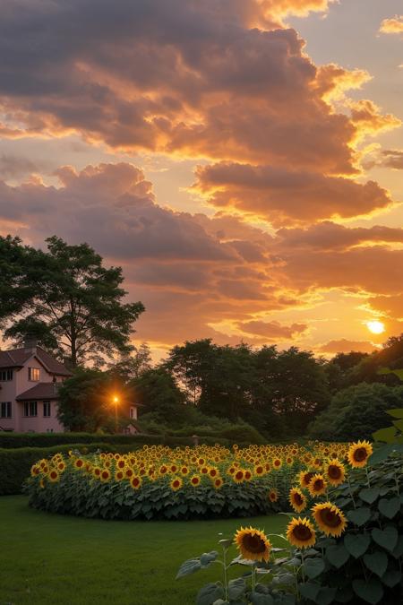 lush garden filled with blooming sunflowers, roses, and peonies under a dramatic sunset sky, glowing orange and pink light reflecting on petals, butterflies fluttering, soft breeze through leaves, romantic and cinematic nature photography, ultra-detailed and vibrant