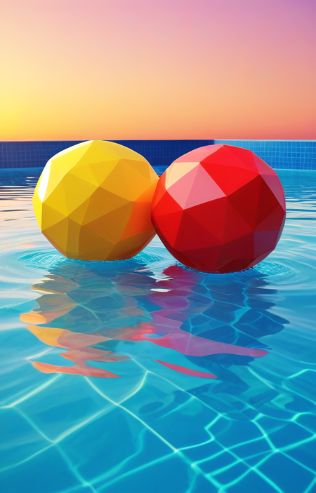 polygon style, low-poly, angular shape,
geometric  two beachballs floating in outdoor pool, low angle, sunset background, 
beachballs close up, 
clean polygon edges, symmetrical design, digital art,
deep orange, bright red, yellow 
<lora:Polygon_Lora_XL:1>