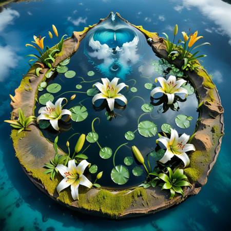 a garden of glass lilies blooming in the shallows of a crater lake shaped like a teardrop, petals catching mist from passing clouds, wind forming slow spirals in the concave water basin, insects skating across mirrored puddles, tearStyle2