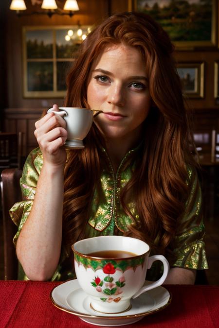 <lora:Rose_Leslie:1> masterpiece, best quality, detailed face, a mature r1873l, 1girl, solo, red hair, cup of tea, cafe, inside, table with a leprechaun, salt pepper pots, plate