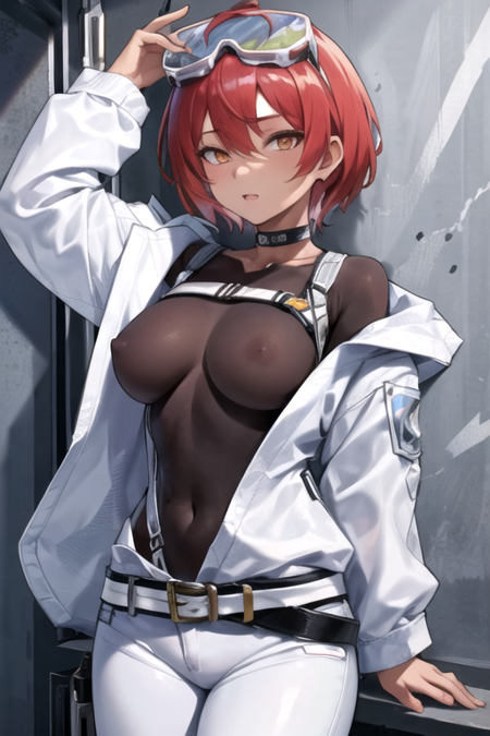 HammeringNikke, 1girl, solo, short hair, large breasts, long sleeves, hair between eyes, brown eyes, white jacket, red hair, choker, black belt, white pants, open jacket, orange eyes, black bodysuit, skin tight, goggles on head, black belt