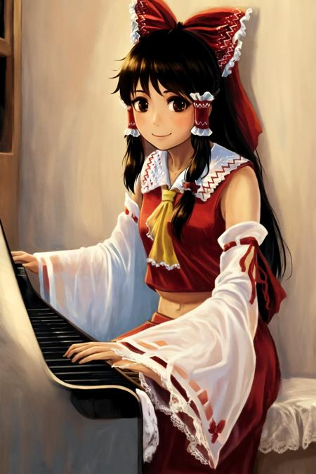 amb, 1girl, black hair, bow, brown eyes, detached sleeves, faux traditional media, fine art parody, flower, hair bow, hair tubes, indoors, instrument, lace, long hair, looking at viewer, looking to the side, midriff, music, parody, piano, picture (object), playing instrument, playing piano, red bow, rose, sidelocks, smile, solo, hakurei reimu <lora:amibazh_v7-000012:1>