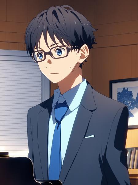 1 boy, Kousei Arima, solo focus, glasses, black hair, blue eyes formal attire, necktie