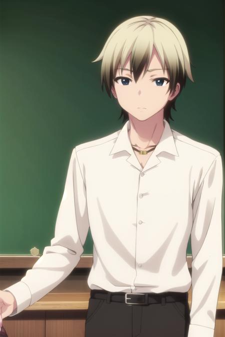 kodakahasegawa, <lora:kodaka hasegawa s2-lora-nochekaiser:1>,
kodaka hasegawa, blonde hair, male focus, multicolored hair, two-tone hair, (black eyes:1.3),
BREAK shirt, jewelry, school uniform, belt, necklace, pants, green pants, white shirt, long sleeves, collared shirt,
BREAK indoors, classroom,
BREAK looking at viewer, (cowboy shot:1.5),
BREAK <lyco:GoodHands-beta2:1>, (masterpiece:1.2), best quality, high resolution, unity 8k wallpaper, (illustration:0.8), (beautiful detailed eyes:1.6), extremely detailed face, perfect lighting, extremely detailed CG, (perfect hands, perfect anatomy),