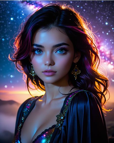 A beautiful female. Revealing outfit, cleavage. Detailed eyes. Subtle elegant eyeliner. Light make-up. Detailed face. Soft features. Sensual. Model shoot, pose, (night, dark, dimly lit),( milky way:1.1), (universe in the sky:1.1), editorial photograph, dark night, film grain, depth of field, analog film style, vivid color, upper body,((vibrant color palette, bold and saturated, emotional impact, vivid, with strong contrasts, creative and stylized lighting, movie screenshot, dramatic shadows, dreamlike, cinematography, lens flare, mist, gritty, fog)), ultrarealistic