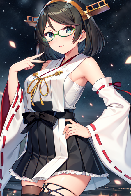 kirishimakaiKC, 1girl, solo, short hair, skirt, thighhighs, bare shoulders, pantyhose, hairband, detached sleeves, glasses, ribbon trim, nontraditional miko, ribbon-trimmed sleeves