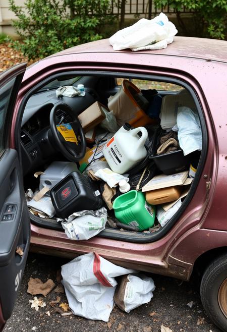 A small car totally filled with common household trash, car is dirty and dented, trashed