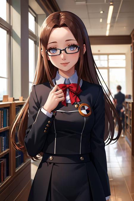 masterpiece, best quality, upper body, cowboy shot, library, smile
 <lora:zs_Chihiro:1> chihirop3, glasses, long hair, brown hair, gekkoukan high school uniform , skirt