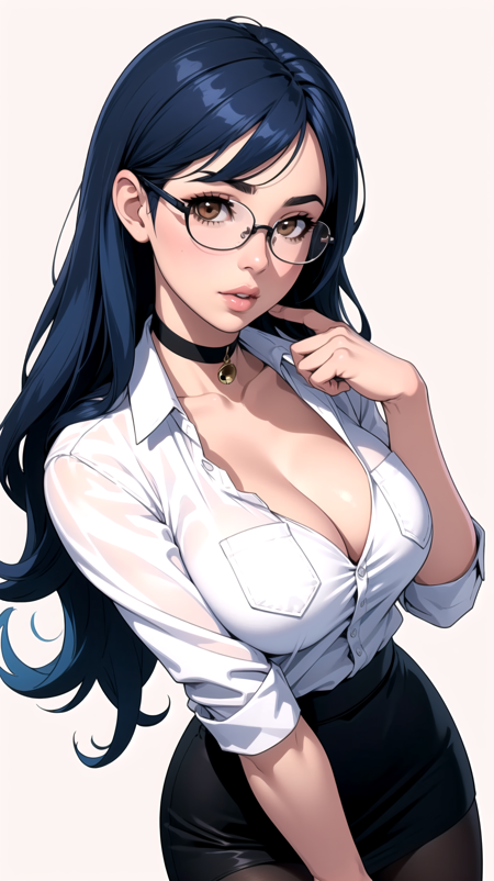 (masterpiece, best quality), 1girl, bell, black skirt, breasts, brown eyes, choker, cleavage, glasses, huge breasts, lips, long hair, miniskirt, nose, pantyhose, pencil skirt, pocket, blue hair, shirt, skirt, skirt tug, white shirt, simple background