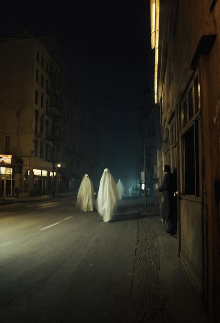 surrealist candida, ghosts, dreamlike, avant-garde, satire,everyday, surrealism, idioms candid. Strong Contrast. By Alex Andreev. sephia-tinted photography. with motion blur, slow shutter speed, and streaks of light.