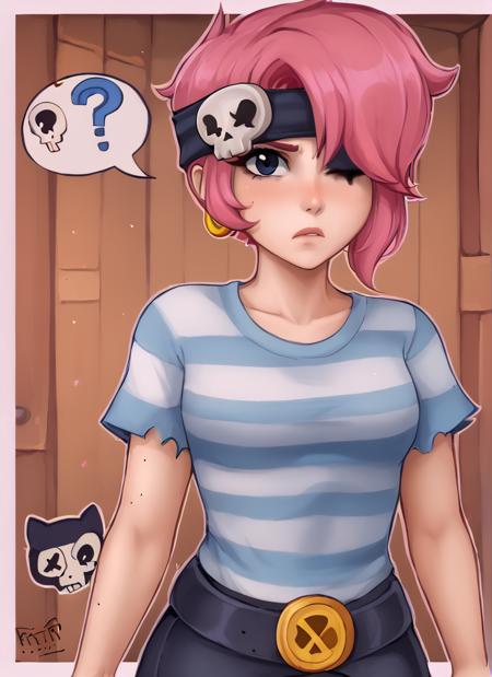 bspenny ,1girl , pink hair , short hair, black eye ,   bandana,  one eye covered ,  skull  ,hairband  ,  , striped shirt, belt,