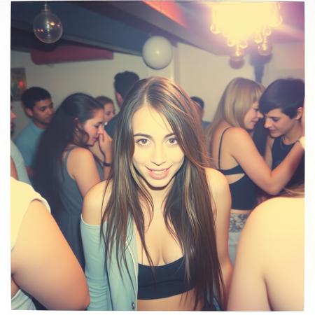 I need a 1:1 ratio image. It should look like a polaroid from the late 90s. The  main character the women on the photo. caught in a casual, imperfect moment. The background shows partying in a dirty house basement while with people partying behind. The photo has the authentic look of low-light polaroid photography with motion blur and poor framing typical of real party snapshots.
