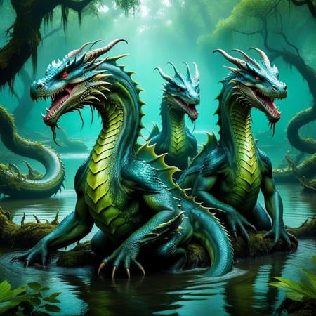 eerie swamp, hydra, three headed dragon, three necks on one body, shared body, long necks, wet, half submerged, glistening scales, (absurd res:1.2), (photorealistic:1.2), BREAK, (8k:1.0), (hi res:1.0), (masterpiece:1.0), (best quality:1.0), (realistic:1.2), (ph0t0x2:1.0), (vibrant colors:1.0)