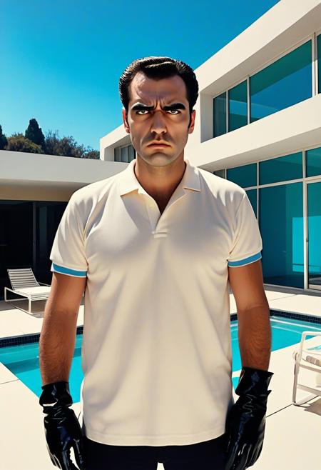 devastatingly handsome Miami blood spatter analyst in a polo shirt, thick dark eyebrows, close-set eyes with thick lashes, bedroom eyes that are completely empty and soulless, European nose, angular face with square jaw, perfect proportions, standing and looking directly at viewer with intense Kubrick stare, head tilted slightly down while eyes look up, unsettling fixed gaze with no emotion behind the eyes, wearing black leather gloves, holding a scalpel, arms at his side with hands hanging at waist level, handsome facade masking complete emptiness, full body, crime scene tape,, vibrant acrylic painting style, bold flat colors, clean geometric compositions, bright California sunlight, crisp shadows, modernist architecture, swimming pool blue tones, perfectly manicured landscapes, mid-century modern aesthetic, saturated color palette, smooth gradients, minimal detail work, contemporary pop art influence, architectural precision, optimistic 1960s atmosphere,
