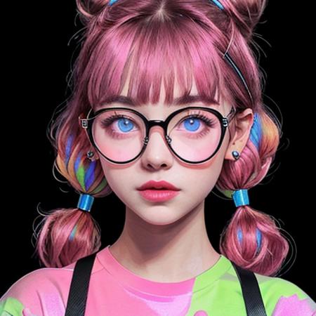 1girl,solo,jewelry,earrings,multicolored hair,looking at viewer,glasses,black background,pink-framed eyewear,heart,parted lips,pink hair,bangs,heart earrings,twintails,upper body,shirt,double bun,hair bun,long hair,sparkle,portrait,blue eyes,print shirt,<lora:color-000005:0.5>,