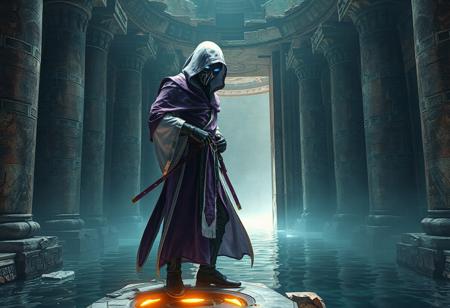 "Create a highly detailed, lifelike depiction of a Deepsea Warrior in a purple and white cloak, reaching into their pocket, standing on an Aqua Gate. The warrior should be modeled after MK ninja, with a sleek blue visor and hooded cowl, inspired by Kose Kanaoka. The setting should be an Egyptian temple ruin with advanced tech. Strive for the golden ratio in your composition. Produce this in 8k resolution with rich lighting, suitable for Artstation and a smooth, sharp focus. The final image should reflect a cinematic, futuristic, and sci-fi style."