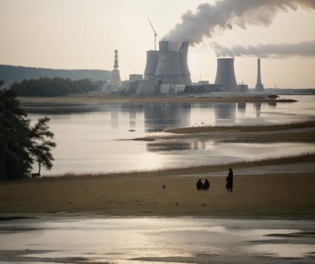 a nuclear power plant and lake and people, by_andrei_tarkovsky, <lora:Andrei_Tarkovsky_Style-20 (1):1>