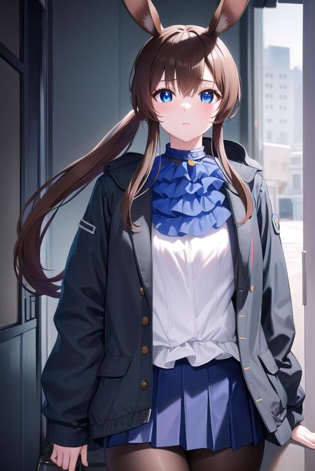 arknightsamiya, animal ears, blue eyes, brown hair, hair between eyes, ponytail, rabbit ears, rabbit girl, sidelocks, anklet, ascot, black jacket, blue ascot, blue collar, blue footwear, blue skirt, brown pantyhose, buttons, collar, jacket, jewelry, long sleeves, miniskirt, multicolored clothes, multicolored jacket, open clothes, open jacket, pantyhose, plaid, plaid skirt, pleated skirt, pocket, puffy long sleeves, puffy sleeves, red ribbon, ribbon, ring, shirt, skirt, striped, striped shirt, thighlet, two-tone jacket, vertical stripes, vertical-striped shirt, (white shirt:1.5),