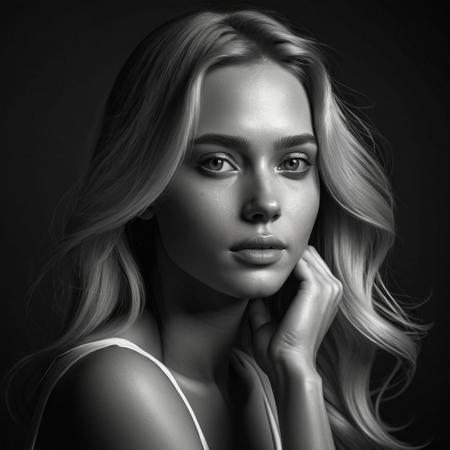Create a high-resolution black-and-white portrait of a woman with long blonde hair, styled in a relaxed and natural way. The woman should be positioned slightly to the left, with her face angled towards the camera and her hand gently touching her chin. The background should be a plain, dark backdrop, allowing the focus to remain on her facial expression and features. The lighting should be soft and directional, highlighting the contours of her face and hair, while creating subtle shadows for depth and dimension.