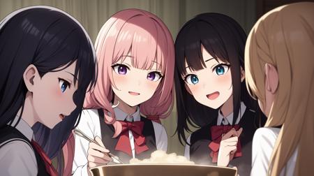 <lora:FoodGen:0.7>
((best quality)), ((masterpiece)), (detailed)
Create an anime image featuring five girls in a magical academy. The girls are all wearing school uniforms, with each uniform reflecting the girl's personality. The first girl has short blue hair and is wearing a blue uniform, the second girl has long pink hair and is wearing a pink uniform, the third girl has curly blonde hair and is wearing a yellow uniform, the fourth girl has black hair in twin tails and is wearing a green uniform, and the fifth girl has long purple hair and is wearing a purple uniform.
The girls are gathered around a large magical cauldron, which is bubbling with a bright pink potion. They are all smiling and laughing as they work together to create the potion. The image should convey a sense of camaraderie and friendship between the girls, with a focus on their unique personalities and the magical world they inhabit.
The overall tone of the image should be bright and cheerful, with a magical and whimsical atmosphere. The image should be of high quality, with attention to detail and shading to create a sense of depth and realism