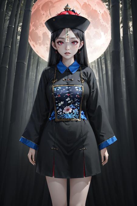 ((masterpiece)),((best quality)),8k,high detailed,ultra-detailed,intricate detail,Illustration,fantasy,surrealism,((1girl:1.2)),Solo,portraying a Chinese-style jiangshi girl,((jiangshigirl costume)),(huangfu paper on head),((jiangshi pose:1.1)),in an ancient bamboo forest background,(red moon:1.2),(tilted angle:1.1),Detailed depiction of the girl in a Jiangshi pose at night,Eerie and mystical atmosphere,Cinematic lighting with the red moon,Visual effects with motion blur and magical elements,Maxon Cinema 4D,<lora:QDjiangshi:0.8>,