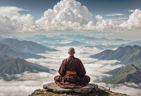 A Zen monk sits in serene meditation on a mountain summit, encircled by majestic clouds and abstract patterns, in a fusion of Kieron Gillen's narrative depth, Martin Ansin's contemporary visuals, Vasily Vereshchagin's historical perspective, and the timelessness of ancient art. Created Using: deep narrative storytelling, contemporary illustration flair, historical painting insights, ancient art charm, ethereal cloudscapes, peaceful mountain ambiance, rich color schemes, harmonious composition 