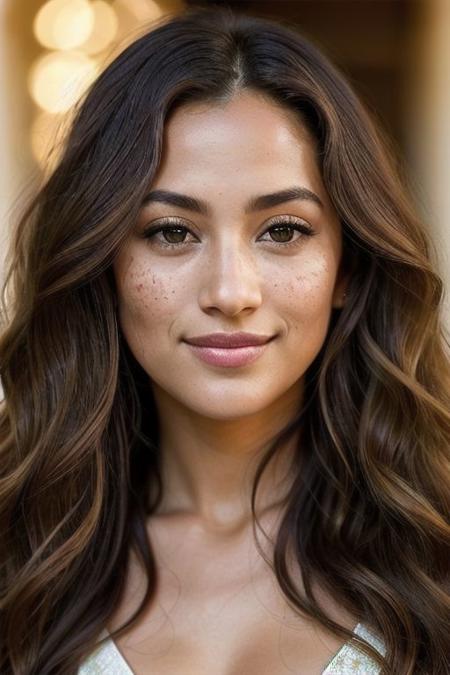 Age 35, almond-shaped emerald eyes, a delicate and symmetrical nose, soft and full lips with a subtle berry tint, sun-kissed golden complexion with a sprinkling of freckles, flowing tresses of honey-colored curls, an enigmatic gaze and serene smile, exuding poise and timeless elegance.