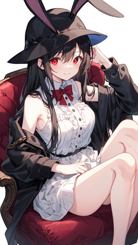 a drawing of a woman in a hat and dress sitting down with her hands on her hipster's back,
1girl, solo, bunny ears, bucket hat, red eyes, light smile, hand on back