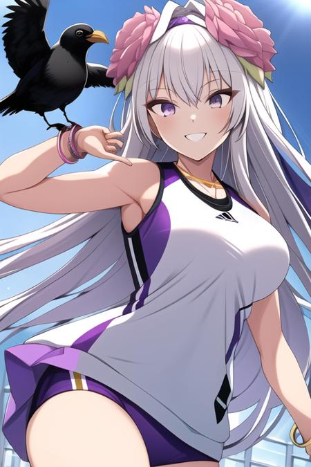 Girl,Flower,Dress,Wins,Bracelet,Jewelry,Smile,Crow,Bangs,Purple eyes,White hair,(Sportswear),Without wins,,