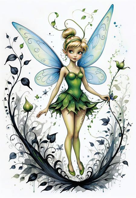Tinkerbell, in the style of illustrative pen and ink, eerie whimsy, youthful protagonists, sensitive characterization