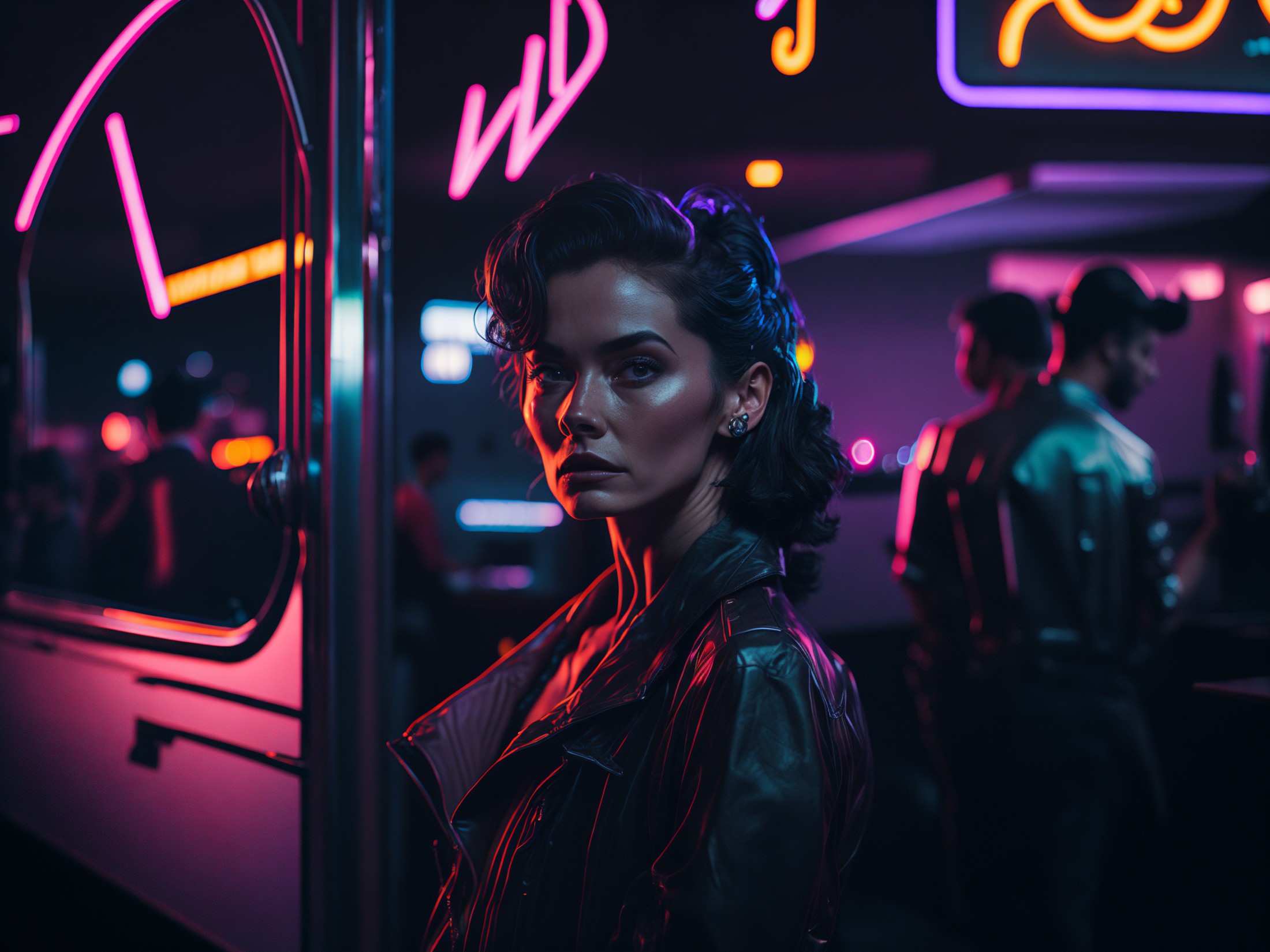 award winning cinematic photo of woman standing outside a 50s diner, neon signs, neon light, rainbows, shiny, reflective, ...