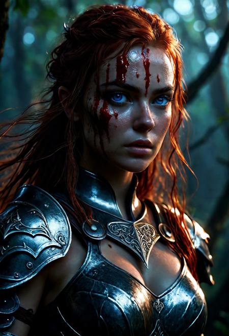 Ultra detailed digital art masterpiece Warrior girl dressed in a iron Armor, Standing on a battlefield at the head of an army of knights, where a bloody slaughter is taking place, standing in battle pose, a dark epic fantasy, perfect lighting, beautiful  Sadie Sink as Warrior girl, attractive woman, elegant, sinewy athletic body, unreal engine 5 nanite quality, mixed with dark elements, dark environment, very stormy night, clean dark velour witch clothing, LOTR style, dark washed out eyeliner, no make up, natural bloody face, realistic blue eyes, ultra detailed atmospheric details, beautiful glowing effects, sparkle effects, realistic body proportions, beautiful face proportions, complex masterpiece, wavy red hair, creative glowing detailed tattoos, complex physics, enhanced colors, complimentary colors, ultra detailed raytracing reflections, Ultra detailed complex background, environment feels alive, direct eye contact, dramatic lighting, wet and sweaty skin, beautiful firm Breasts, Concept art portrait by Greg Rutkowski, adding to the intense and dynamic atmosphere of the scene.